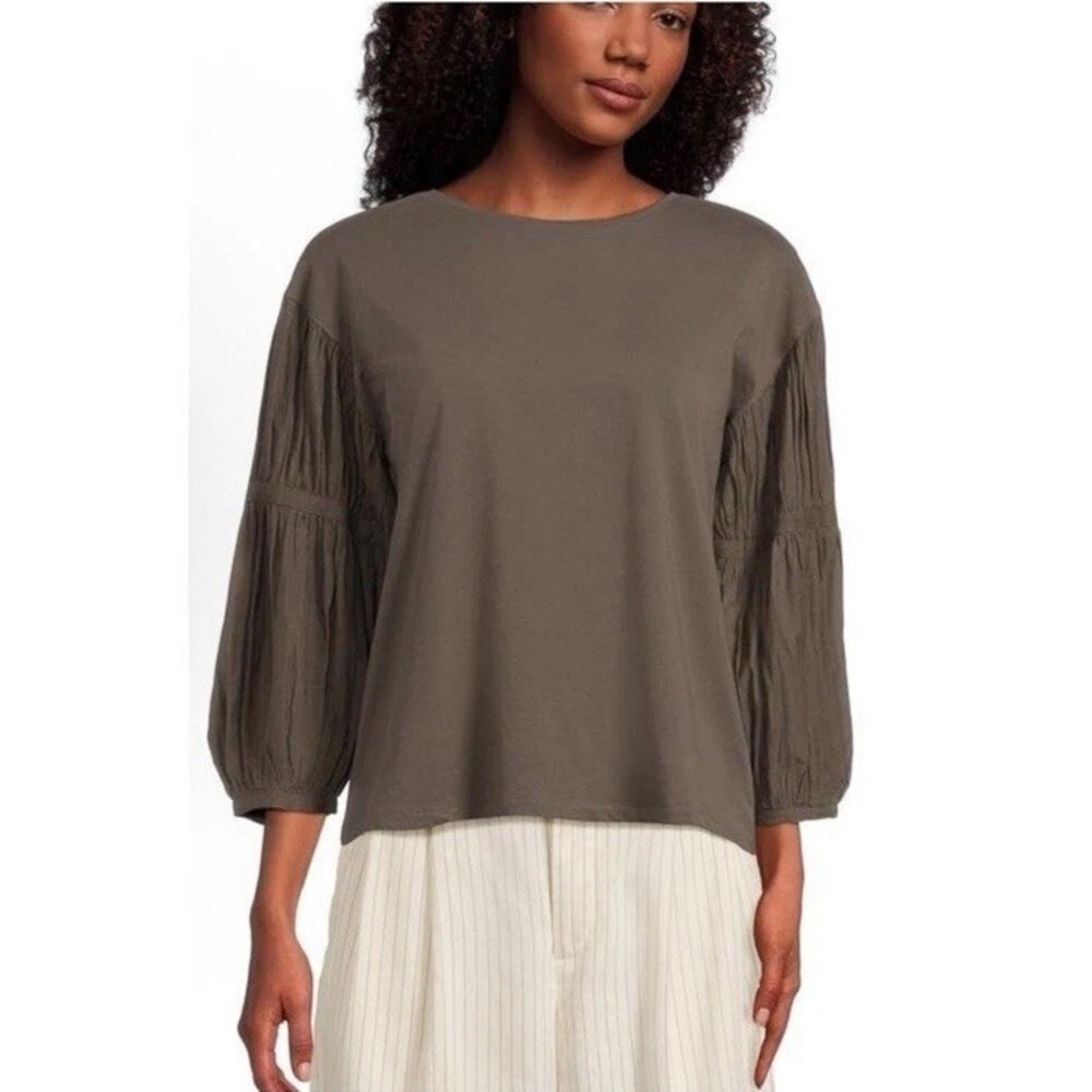 Madewell Puff Sleeve Drop Shoulder Top Gray Green Dark Surplus NWT Size XXS